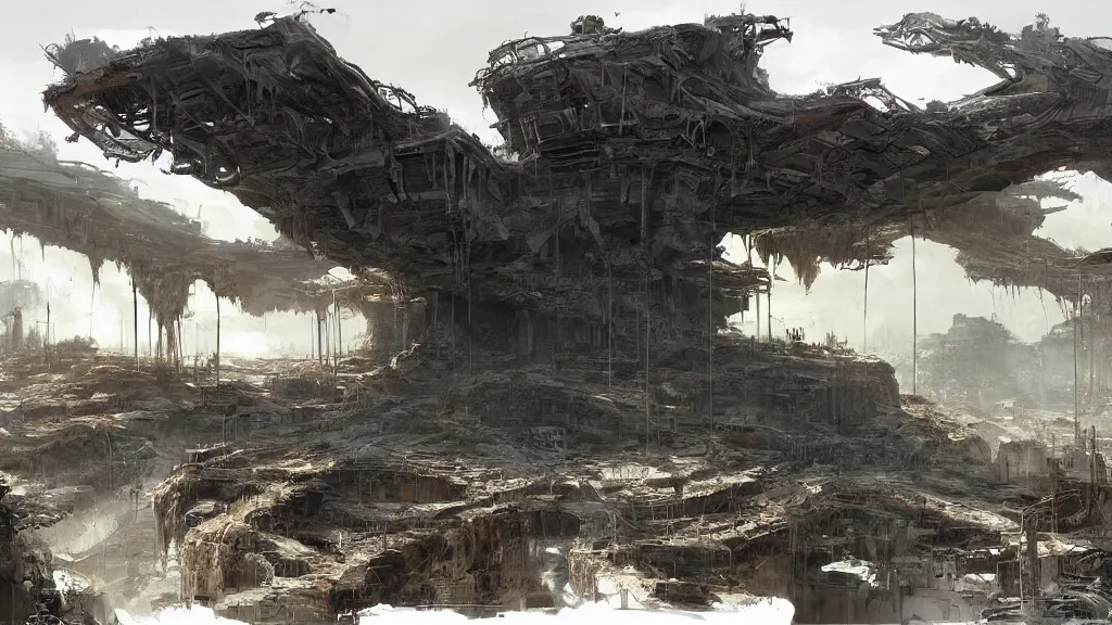 Image similar to post - apocalyspe settlement with houses, hydroponic farms, cave entrance, at dawn, painted by tsutomu nihei, painted by artgerm and greg rutkowski