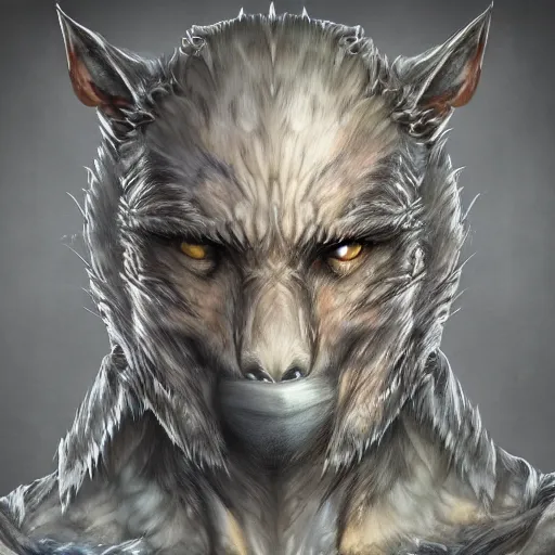 Image similar to a digital art of realistic portrait of werewolf from dark souls, scary grim dark werewolf, fantasy concept art character sheet, 4 k, ultra detail, volumetric lighting, unreal engine, octane render