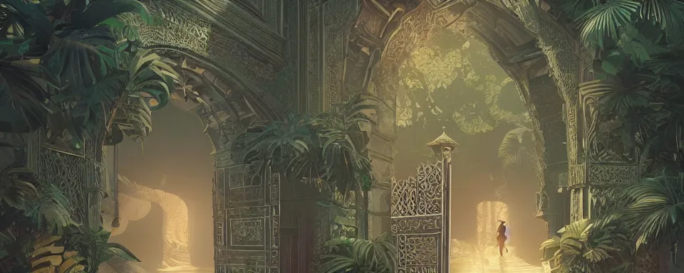 Prompt: a beautiful detailed architecture art of ancient ornamental gate in the middle of tropical jungle by atey ghailan, by greg tocchini, by james gilleard, by joe gb fenton, by kaethe butcher, dynamic lighting, clean, grunge aesthetic, octane render, artstation