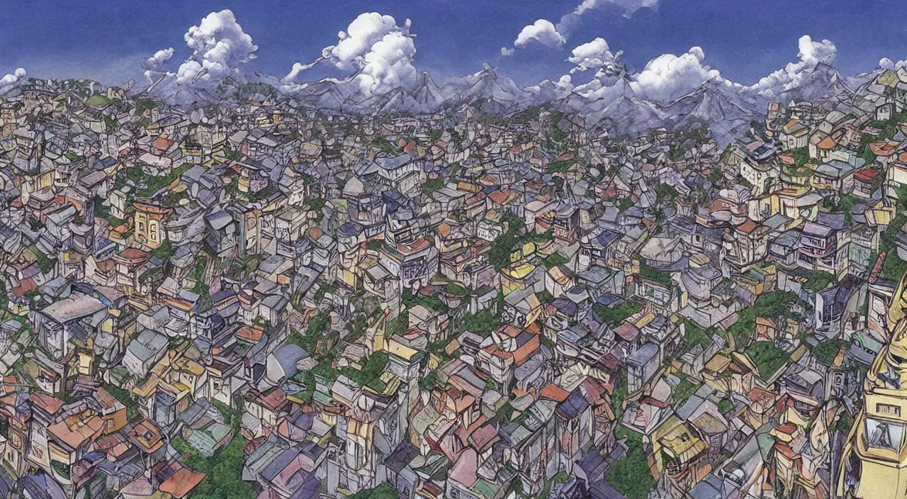 Image similar to A beautiful landscape painting of dystopian future in darjeeling city by junji ito and don bluth