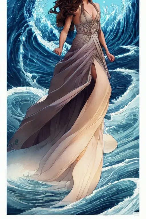 Image similar to kate beckinsdale as a heroine with a dress inspired by the great wave off kanagawa, digital painting, artstation, concept art, smooth, sharp focus, illustration, art by artgerm and donato giancola and Joseph Christian Leyendecker, Ross Tran, WLOP