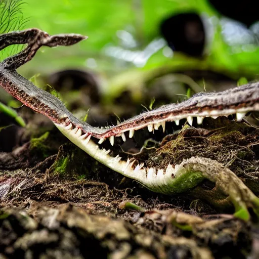 Image similar to a carnivorous plant with alligator jaw and teeth, photo of a plant growing showing its roots underground, plant photography