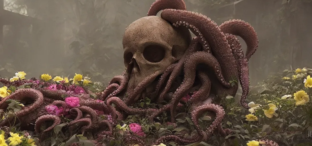 Prompt: an octopus in the shape of a skull surrounded by flowers at midnight foggy! cinematic shot, photo still from movie by denis villeneuve, wayne barlowe