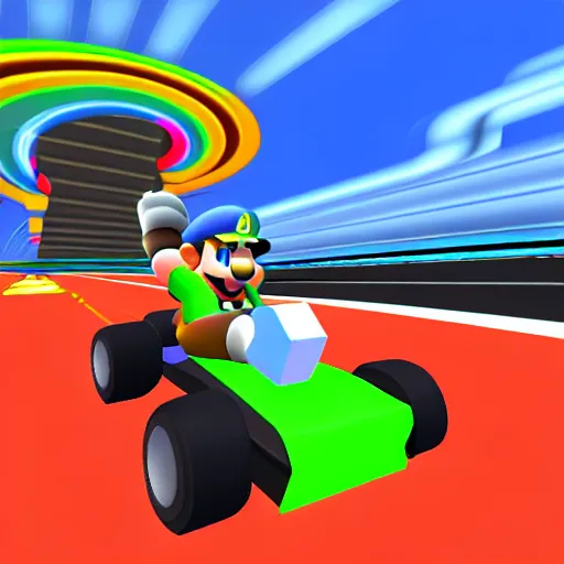 Image similar to thor on rainbow road, mario kart 6 4 screenshot, low poly, aliased