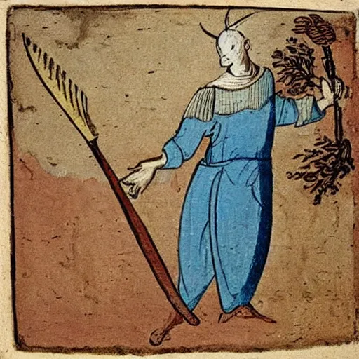 Image similar to a 1 8 th century illustration manuscript illustration of a medieval peasant holding a large blue trident above his head.