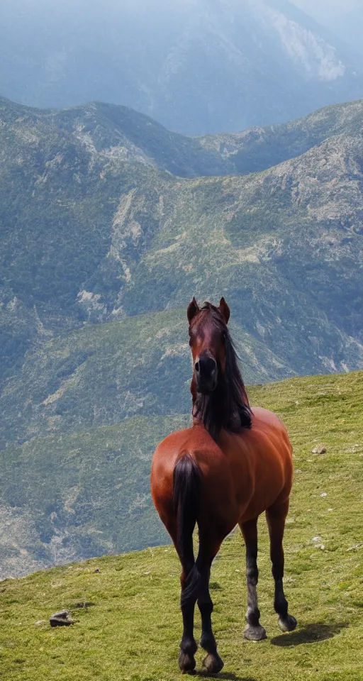 Prompt: horse standing on the top of a mountain