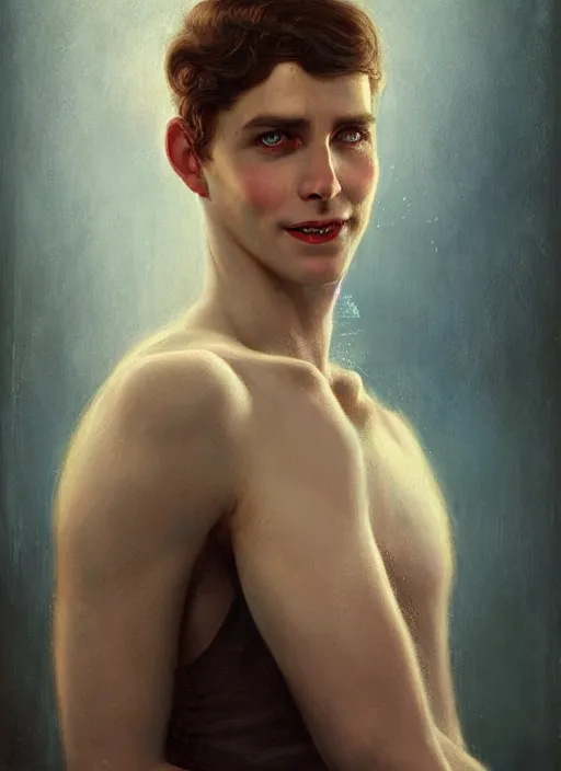 Image similar to a threatening portrait of a smiling man pretending to be human with beautiful blue eyes and short brown hair, art by manuel sanjulian and tom bagshaw