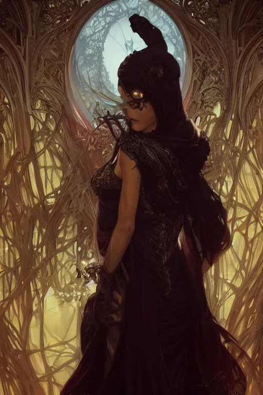 Image similar to a photograpic portrait of a pretty dark sorceress, fantasy, ominous, intricate, elegant, highly detailed, digital painting, artstation, concept art, smooth, sharp focus, illustration, art by artgerm and greg rutkowski and alphonse mucha