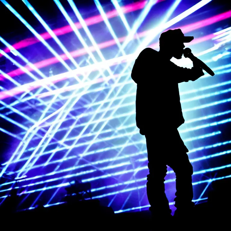 Image similar to rapping into microphone, epic angle, profile view, silhouetted, distinct, psychedelic hip-hop, laser light show, beams of light