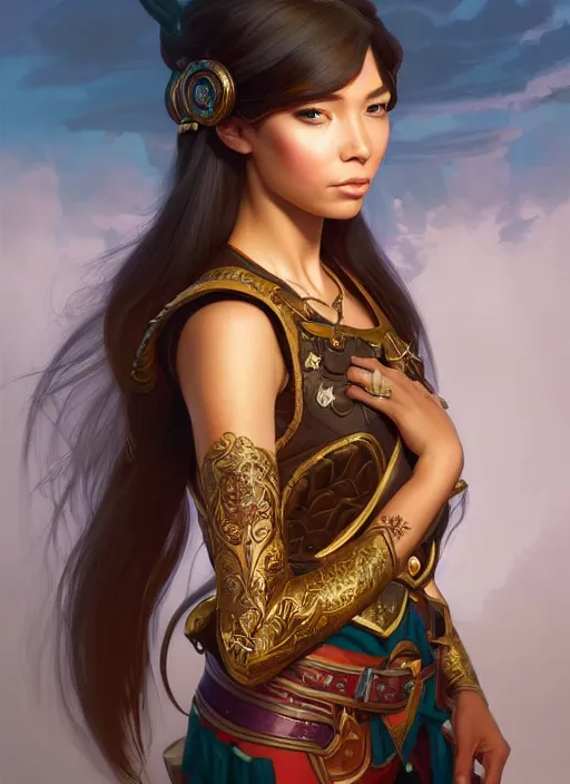 Image similar to portrait of russian mexican asian girl jodhpurs hyperborea lemuria, deep focus, d & d, fantasy, intricate, elegant, highly detailed, digital painting, artstation, concept art, matte, sharp focus, illustration, hearthstone, art by rhads by artgerm and greg rutkowski and alphonse mucha