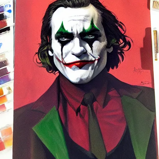 Image similar to photorealistic picture, comic cover by bob peak and alex ross about joaquin phoenix joker, gouache and wash paints, fine details, fine intricate, fine facial proportionate, fine body proportionate, smooth sharp focus, sharp focus