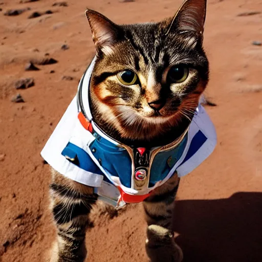 Prompt: cat wearing a spacesuit while walking on mars