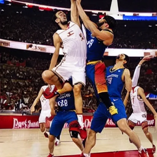 Image similar to jesus hermida blocking pedro piqueras in the nba finals.