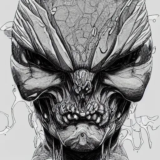 Prompt: iconic hybrid infected mushroom sentinel head closeup album hyper detailed concept art crosshatch sketch illustration art style by Jonathan Wayshak and Toshihiro Egawa and Moebius and Artstation trending 8k