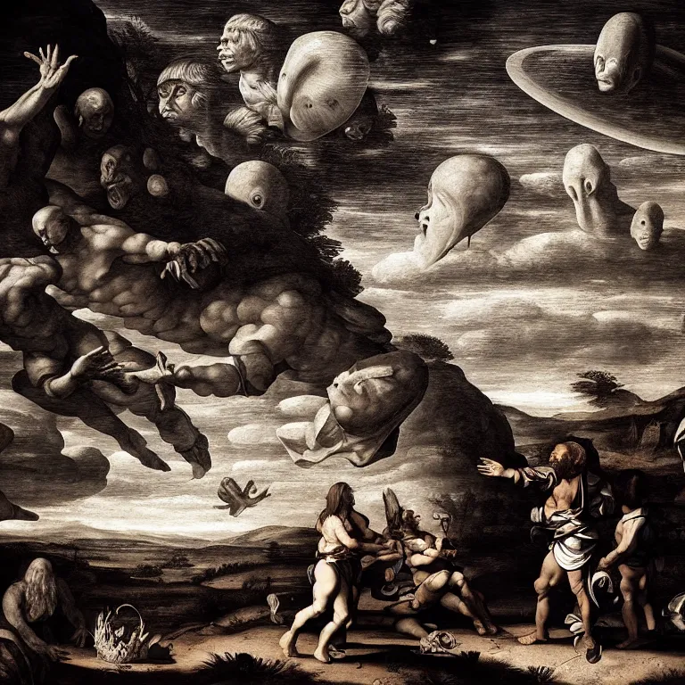 Image similar to portrait of prehistoric man meeting Aliens, UFO flying saucer in the sky, prehistoric times, prehistory, baroque painting, beautiful detailed intricate insanely detailed 8K artistic photography, photorealistic, chiaroscuro, Raphael, Caravaggio