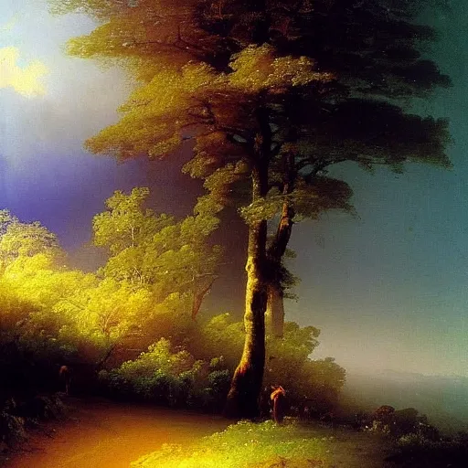 Image similar to aivazovsky's painting. forest landscape. oil on canvas, a masterpiece in the style of aivazovsky.