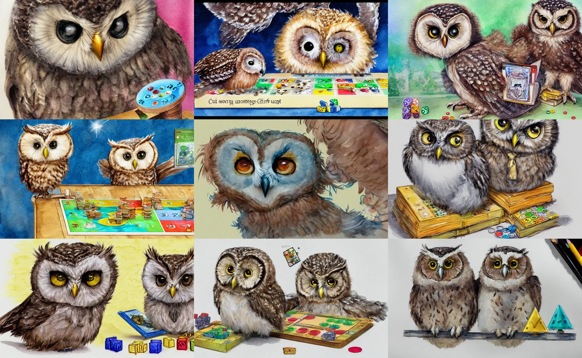 Prompt: cute fluffy baby owl playing board games, children's book watercolor drawing, close-up, trending on artstation, highly detailed, concept art, illustration by Tony DiTerlizzi and Dorothy Brook
