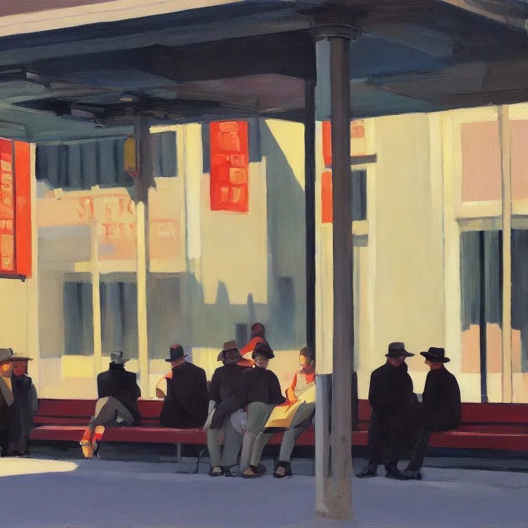 Prompt: a few people waiting at a bus stop in a quiet downtown, painted by Edward Hopper and James Gilleard, oil painting