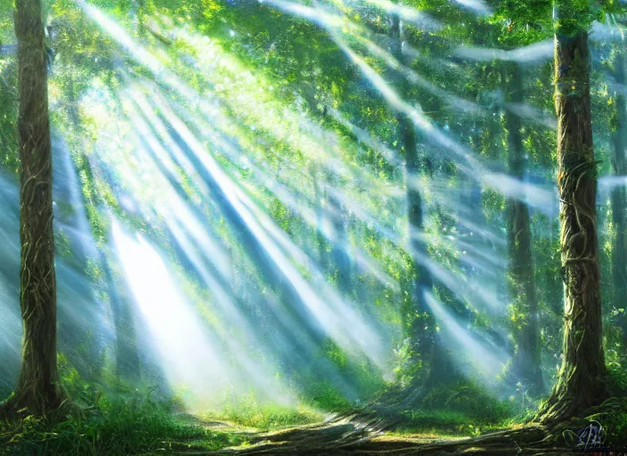 Image similar to a hyper-detailed oil painting of a fantasy forests with rays of light coming through the canopy; an extraordinary masterpiece!!!; flawless; photorealistic; trending on artstation; f/1.4; 90mm