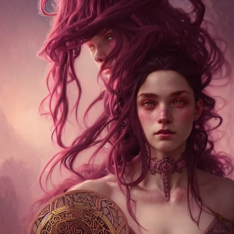 Image similar to a beautiful tiefling wizard with pink skin, brown curly hair, runic magic theme, intricate, sharp focus, illustration, highly detailed, digital painting, concept art, matte, art by wlop and artgerm and greg rutkowski and alphonse mucha, masterpiece