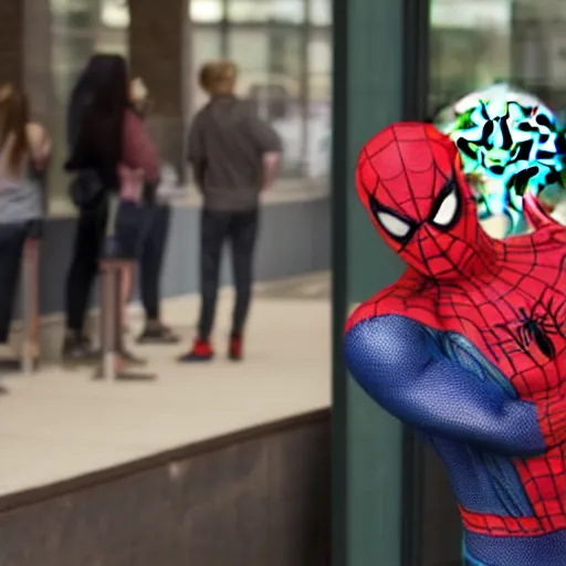 Prompt: spiderman standing in line at starbucks, photorealistic