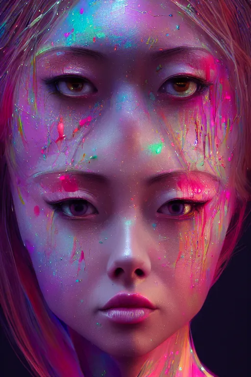 Image similar to hyperrealistic photography of a gorgeous girl pouring multicolored luminescent paint on her head in the style of jin kagetsu, james jean, chris cunninham, hans bellmer and wlop, highly detailed, face symmetry, masterpiece, award - winning, sharp focus, intricate concept art, ambient lighting, 8 k, artstation