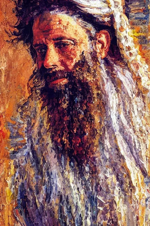 Image similar to highly detailed palette knife oil painting of a historically accurate depiction of the ancient biblical israeli king solomon, wealthy, wise, by Peter Lindbergh, impressionistic brush strokes, painterly brushwork