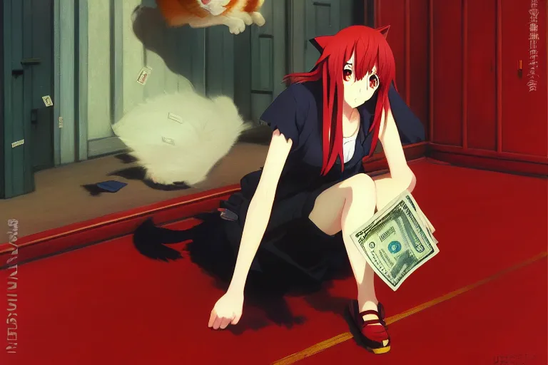 Image similar to anime key visual of anime cat girl losing all of her money on the stock market, panic red, style of jamie wyeth james gilleard edward hopper greg rutkowski acrylic painting, preserved museum piece, historical