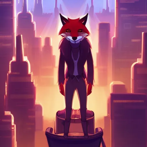 Prompt: an anthropomorphic fox with a fluffy tail staring over a futuristic city from the top of a roof, comic art, trending on furaffinity, cyberpunk, backlighting, cartoon