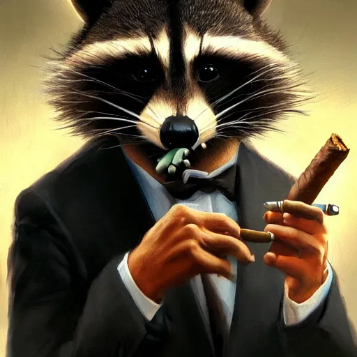 Image similar to a racoon wearing a suit smoking a cigar on his mouth, dramatic lighting, cinematic, establishing shot, extremly high detail, photorealistic, cinematic lighting, artstation, style by James Gurney