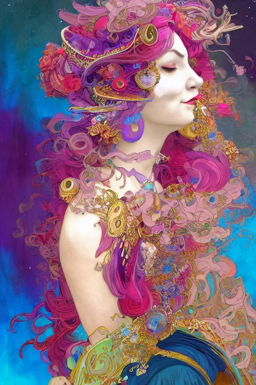 Prompt: woman in Venetian mask, profile, center of the universe, psychedelic, character concept, floating hair, gauzy dress, full body shot, many colors, colorful, all colors, highly saturated colors,, fantasy character, detailed illustration, hd, 4k, digital art, overdetailed art, concept art, Dan Mumford, Peter Mohrbacher, Alfons Mucha, Greg Rutkowski, trending on artstation