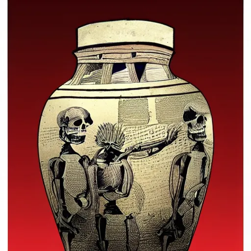 Prompt: roman jar illustrated with exploding skeletons