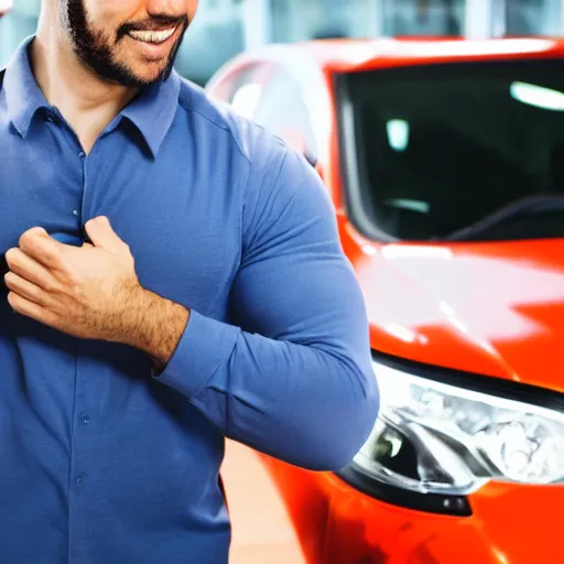 Prompt: strong man holding a car