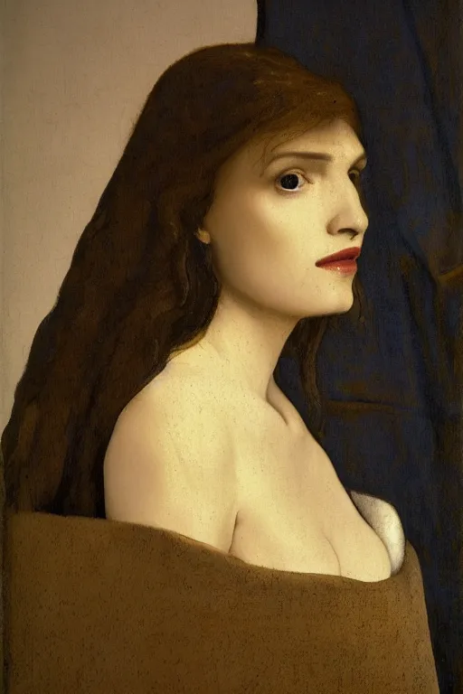 Image similar to portrait en buste of rachel weisz by johannes vermeer