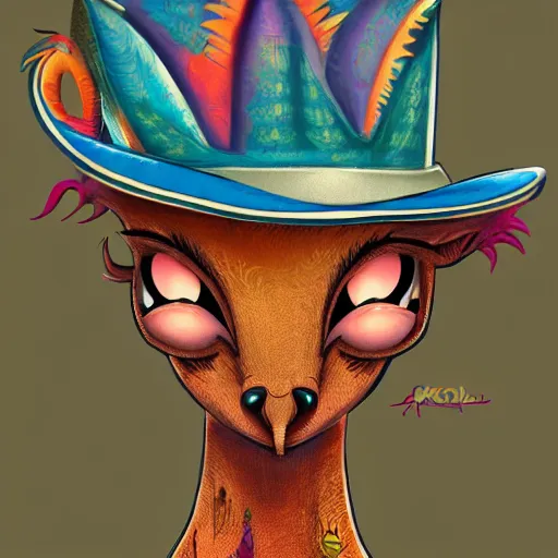 Image similar to a dik dik monster with tattoos, wearing a fedora, tattoos, colorful, digital art, fantasy, magic, trending on artstation, ultra detailed, professional illustration by basil gogos