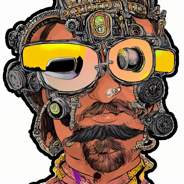 Image similar to face portrait of an indian man with long neon moustache rajasthani pagdi wearing madmax style steampunk goggles and steampunk jewelry, art by butcher billy, sticker, colorful, illustration, highly detailed, simple, smooth and clean vector curves, no jagged lines, vector art, smooth