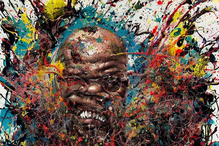 Prompt: a splattered action painting by jackson pollock showing Samuel L. Jackson from Pulp Fiction, ultradetailed, fine art painting, peter mohrbacher, moebius, skull carving, frottage, watercolor, acrylic, multilayered paint, spectacular splatter explosion, psychedelic art