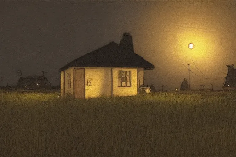 Image similar to a cinematic hyperrealism highly detailed photograph of a small cottage in a dark black night on a wide prairie, by issac levitan and studio ghibli, deviantart