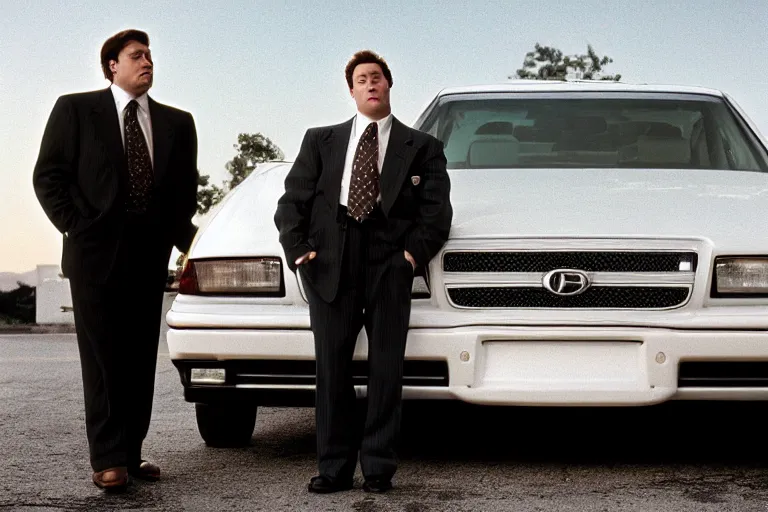 Prompt: cinematic still of portly clean-shaven white man wearing suit and necktie and short curly blond hair as car salesman in 1994 film, XF IQ4, f/1.4, ISO 200, 1/160s, 8K, RAW, dramatic lighting, symmetrical balance, in-frame