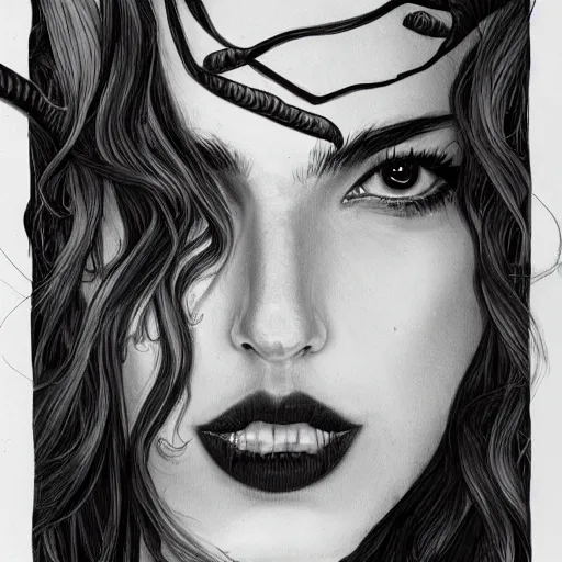 Prompt: ana de armas portrait as medusa from greek mythology, living venomous snakes in place of hair, ink drawing, trending on artstation, by alphonso dunn