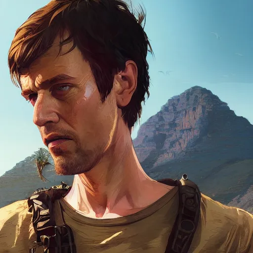 Image similar to highly detailed portrait rambo in gta v, stephen bliss, unreal engine, fantasy art by greg rutkowski, loish, rhads, ferdinand knab, makoto shinkai and lois van baarle, ilya kuvshinov, rossdraws, tom bagshaw, global illumination, radiant light, detailed and intricate environment