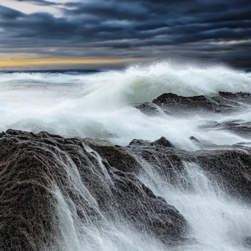 Image similar to waves crashing in on a stony beach, realistic, hdr, clear image, hdd, dynamic lighting,