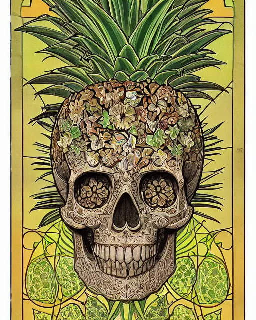 Image similar to centered Carved ancient skull with pineapple leaves growing out of the top art surrounded by varities of flowers, cell shading, voronoi, fibonacci sequence, sacred geometry by Alphonse Mucha, Moebius, hiroshi yoshida, Art Nouveau, colorful, ultradetailed, vivid colour, 3d