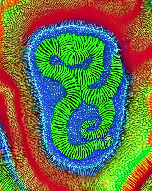 Image similar to Escherichia coli, close up details, drawn by Ernst Haeckel, colorful, Pixar rendering