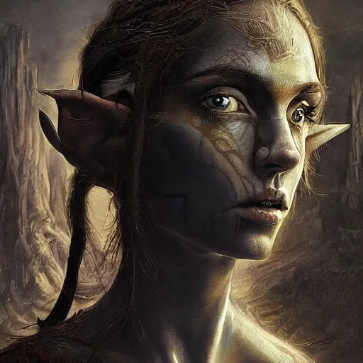 Prompt: a masterpiece oil painting of an Elf priestess, !dramatic, !female, !detailed, physically based rendering, ultra detailed, cinematic lighting, dark background by Dan Hillier