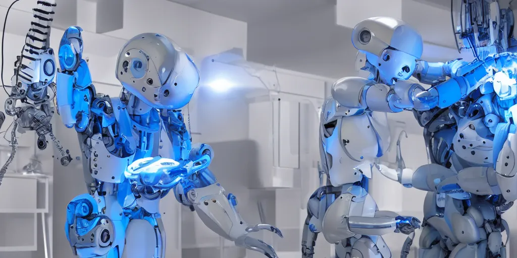 Image similar to a futuristic male humanoid robot, repairing another robot, using a schematic blue print as a guide, photo realistic, 4 k, full body