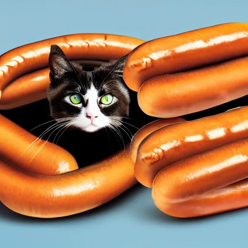 Prompt: a cat made out of hot dogs, photorealistic, high resolution, cinematic