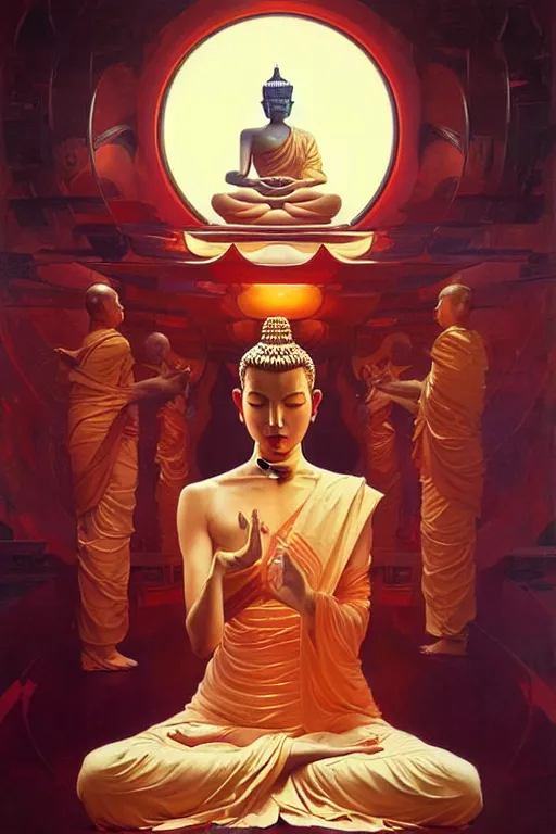 Image similar to buddhism, futurism, taoism, painting by greg rutkowski, j. c. leyendecker, artgerm