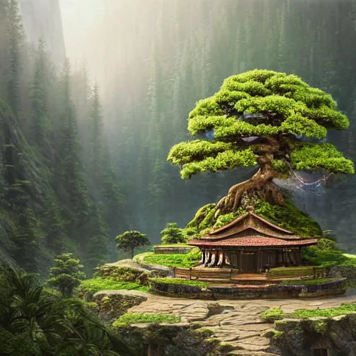 Prompt: A beautiful hyper realistic detailed matte painting of a bonsai tree shaped temple nestled in forest mountains by John Howe and Albert Bierstadt and Alena Aenami and dan mumford and dave noton, unreal engine, trending on behance
