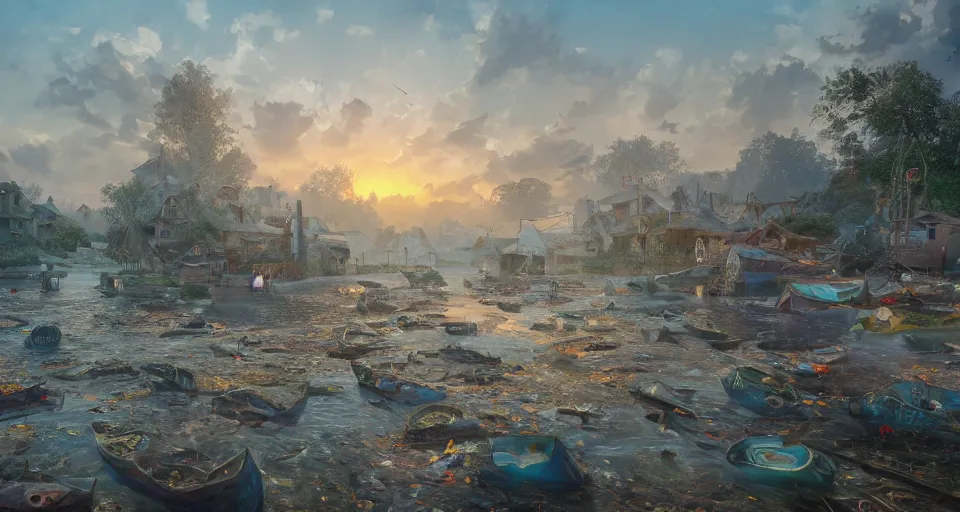 Prompt: a beautiful painting of a village covered in dead fish, gigantic, octane render, brilliantly coloured, intricate, ultra wide angle, trending on artstation, dusk, volumetric lighting, polished, micro details, ray tracing, 8k